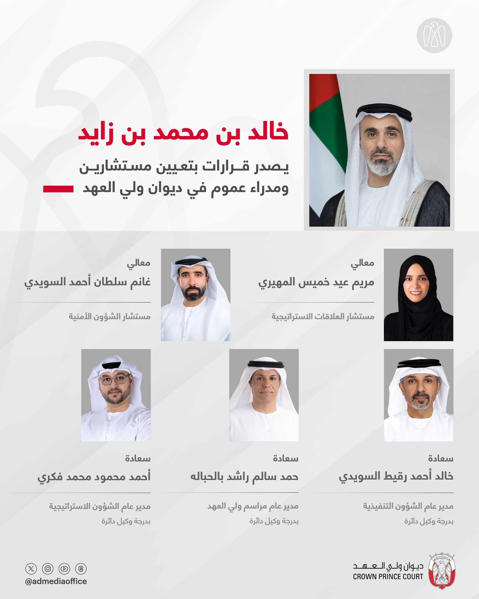 خالد بن محمد بن زايد يصدر قرارات بتعيين مستشارين ومدراء عموم في ديوان ولي العهد
