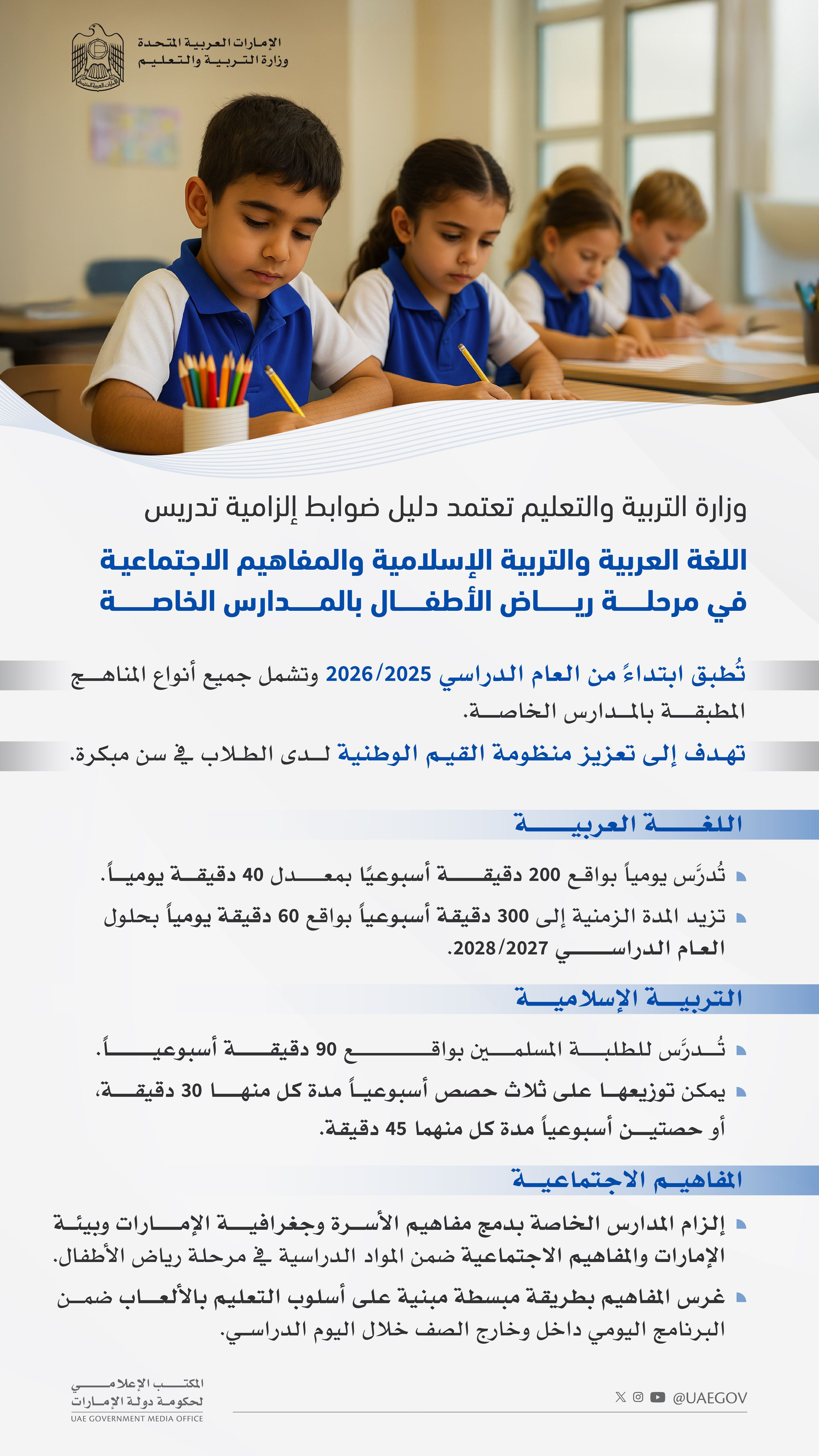 "التربية" تعتمد دليل إلزامية تدريس اللغة العربية والتربية الإسلامية والمفاهيم الاجتماعية بمرحلة رياض الأطفال بالمدارس الخاصة