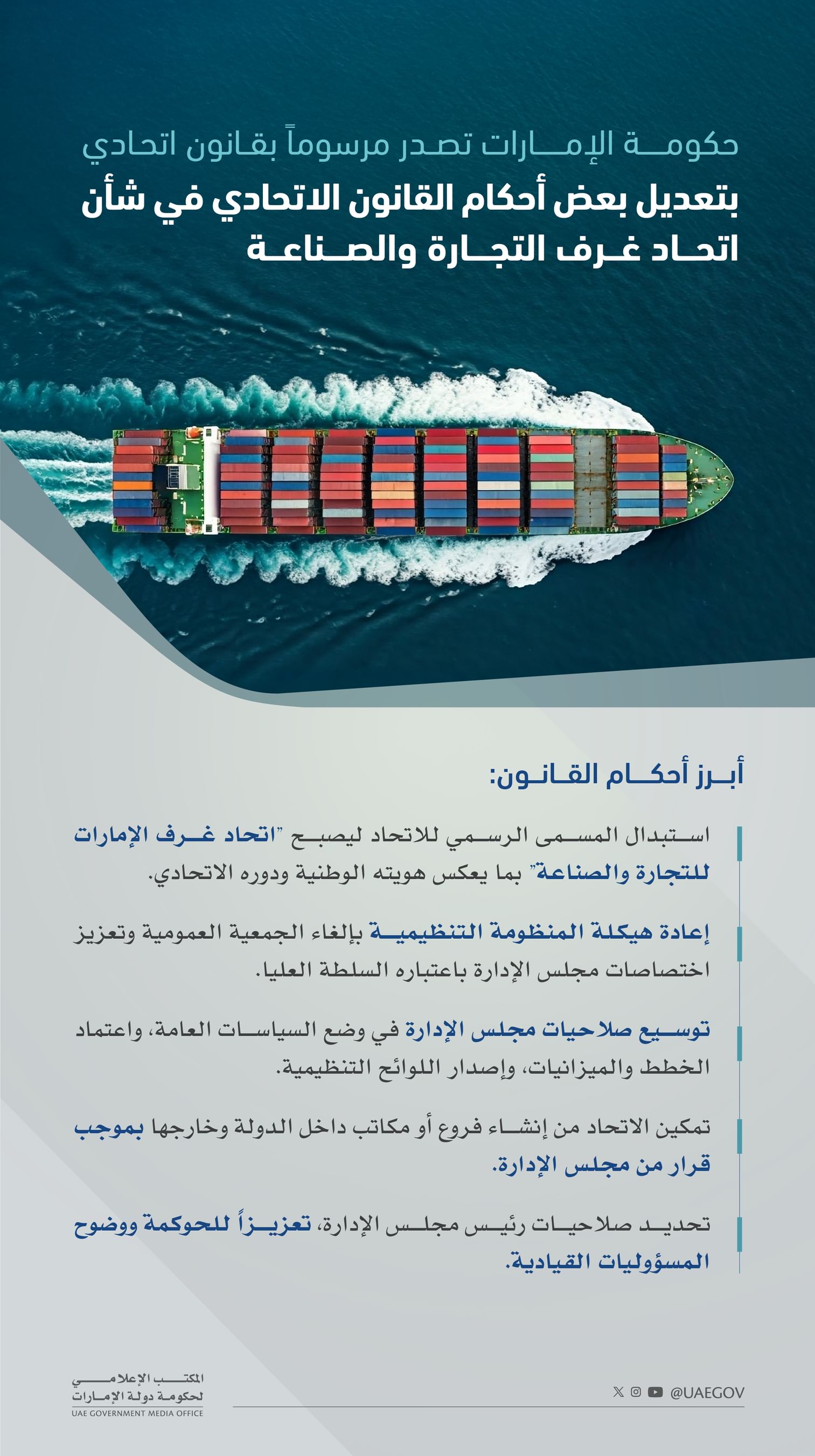 حكومة الإمارات تصدر مرسوماً بقانون اتحادي بتعديل بعض أحكام قانون اتحاد غرف التجارة والصناعة