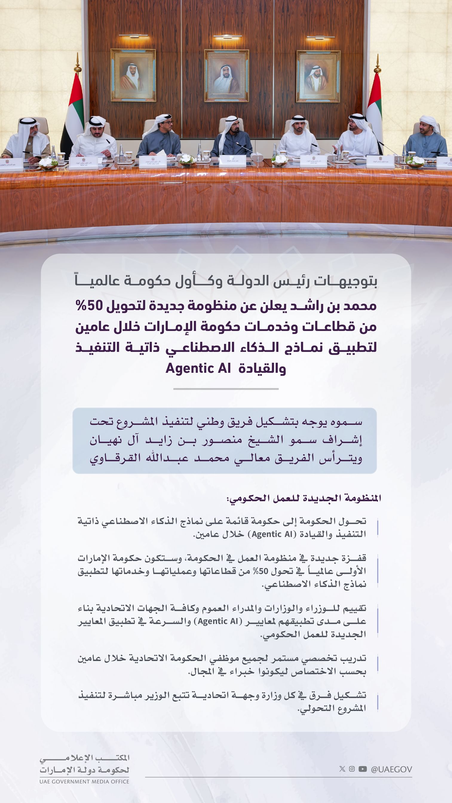 بتوجيهات رئيس الدولة وكأول حكومة عالمياً/محمد بن راشد يعلن عن منظومة جديدة لتحويل 50% من قطاعات وخدمات حكومة الإمارات خلال عامين لتطبيق نماذج الذكاء الاصطناعي ذاتية التنفيذ والقيادة Agentic AI