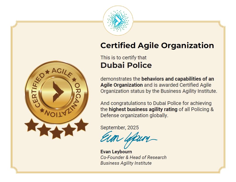 شرطة دبي تحصد اعتماد المعهد العالمي للرشاقة المؤسسية كأفضل جهة شرطية عالميا