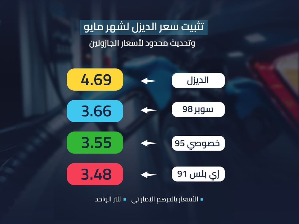 تثبيت سعر الديزل في الدولة لشهر مايو وتحديث محدود لأسعار الجازولين