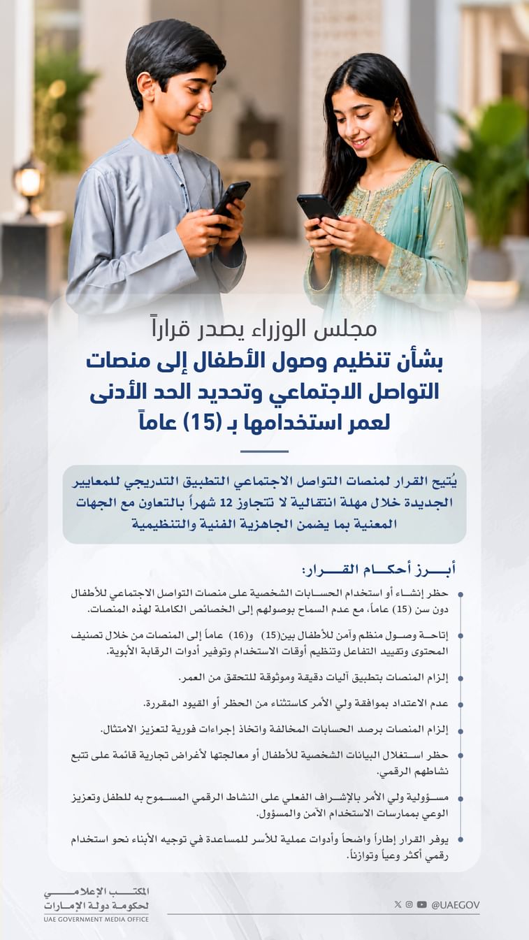 مجلس الوزراء يصدر قراراً بتنظيم وصول الأطفال إلى منصات التواصل الاجتماعي و15 عاماً الحد الأدنى لعمر استخدامها