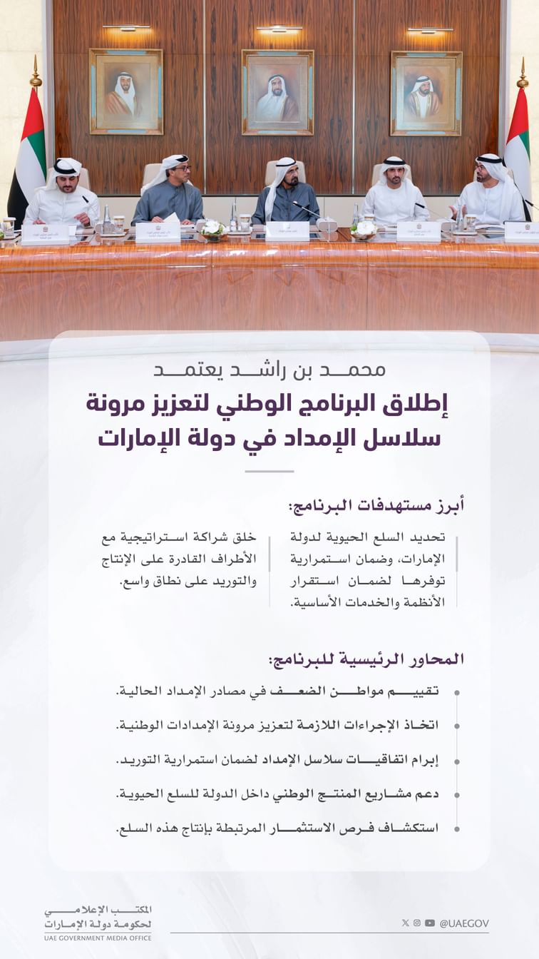 محمد بن راشد يعتمد إطلاق البرنامج الوطني لتعزيز مرونة سلاسل الإمداد في دولة الإمارات